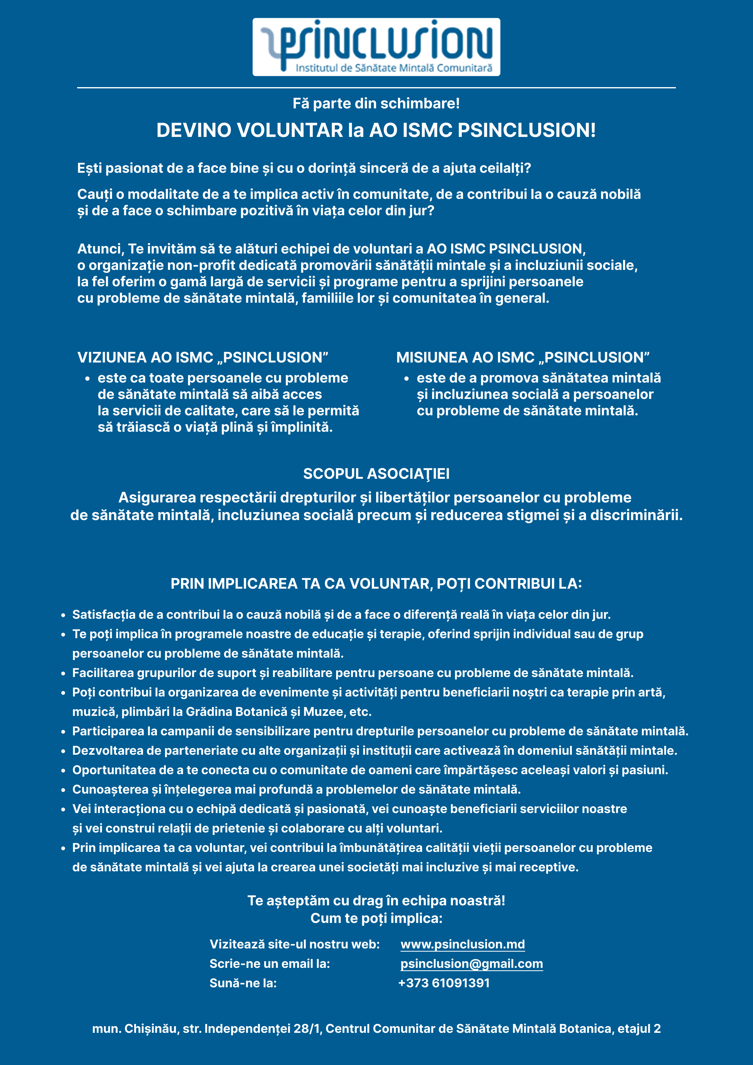 Alătură-te echipei AO ISMC PSINCLUSION ca voluntar și fă o diferență reală în viața celor din jur!