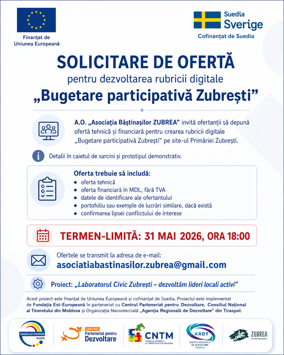 SOLICITARE DE OFERTĂ pentru servicii de dezvoltare web privind crearea rubricii digitale „Bugetare participativă Zubrești” pe site-ul Primăriei satului Zubrești